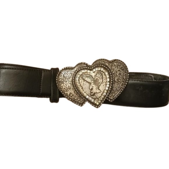 Black Leather Belt Rare Vintage Southwestern Kudos Silver Triple Heart Buckle-36 - Picture 2 of 4